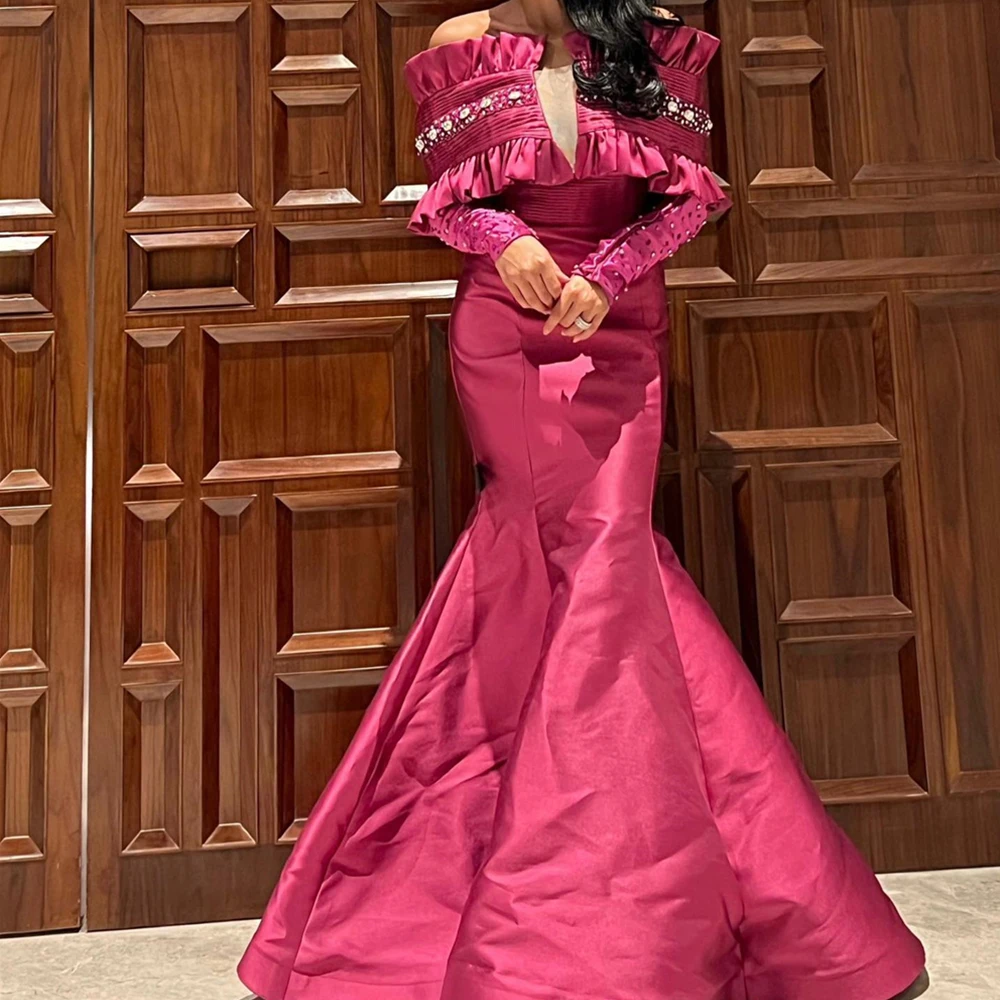 

Temperament Crystal Ruffles Boat Neck Floor Length Mermaid Detachable Sleeve Evening Dress Satin Off the Shoulder فساتين سهرة