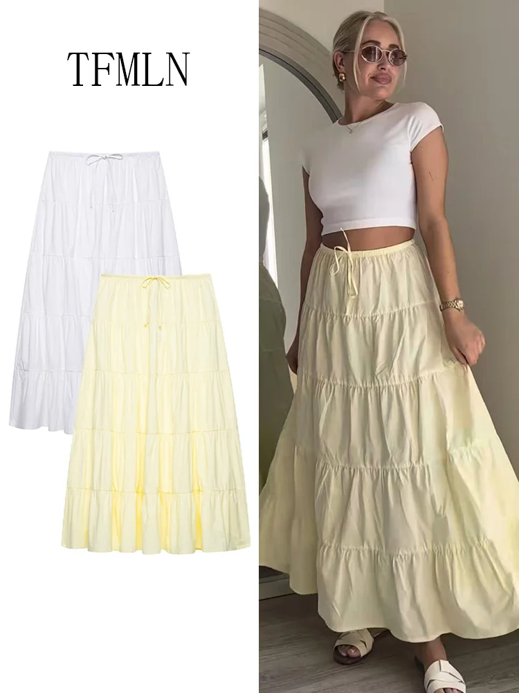 

TFMLN Элегантные женские однотонные многоярусные плиссированные юбки, лето 202, повседневные пляжные лоскутные юбки на шнурке, уличные юбки трапециевидной формы