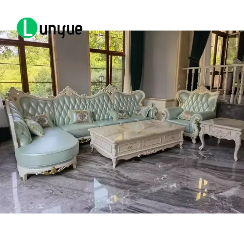 European Luxury L-Shaped Leather Corner Sofa Set Light Blue Solid Wood Frame Eco-Friendly Furniture for Living Room Apartment