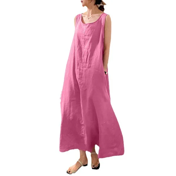 休暇ルーズロングドレスコットンリネンポケットラウンドネックノースリーブドレス女性の夏のヴィンテージ Vestido Feminino ロングローブ 2025