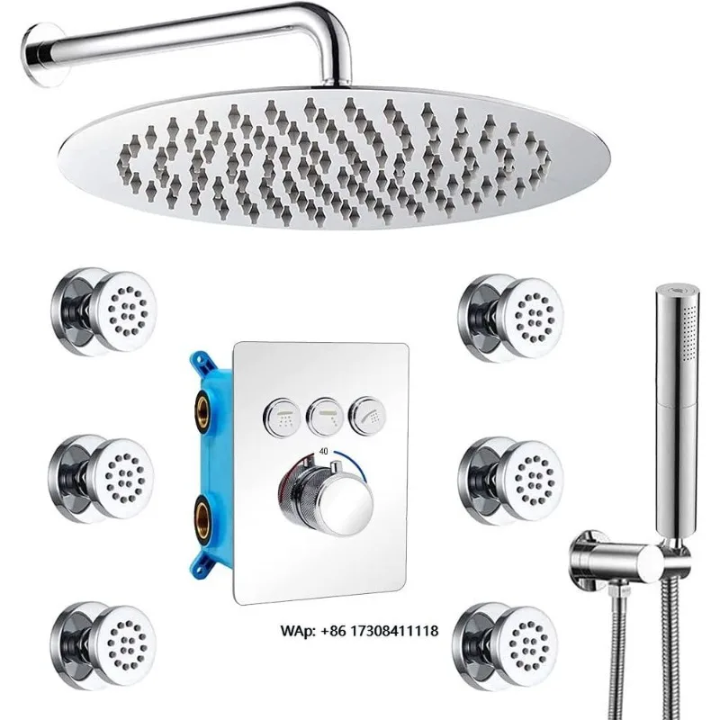 

Full Body Rain Shower System 12 Wall Mounted Round Rain Faucet Set with Handheld Spray and Jet Combination,