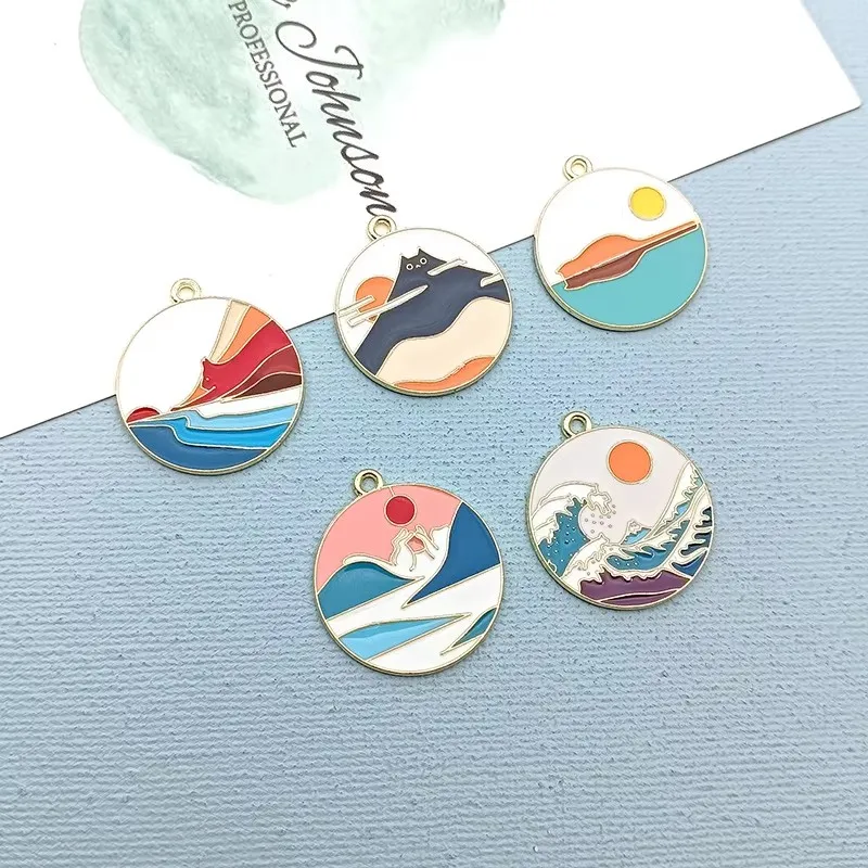 10pcs Fashion Summer Minimalist Metal Enamel Colorful Landscape Sun Earrings, Girls' Boutique Cat Wave Jewelry Accessories