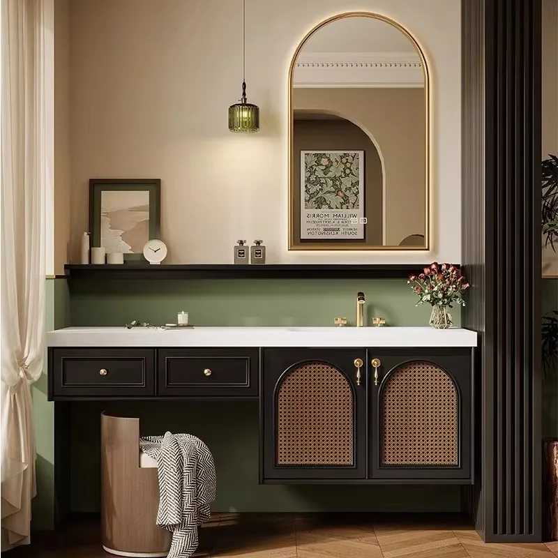 

Новый дубовый винтажный комплект для ванной комнаты: тумба, туалетный столик, интегрированное зеркало, умное зеркало, интегрированная керамическая раковина на заказ