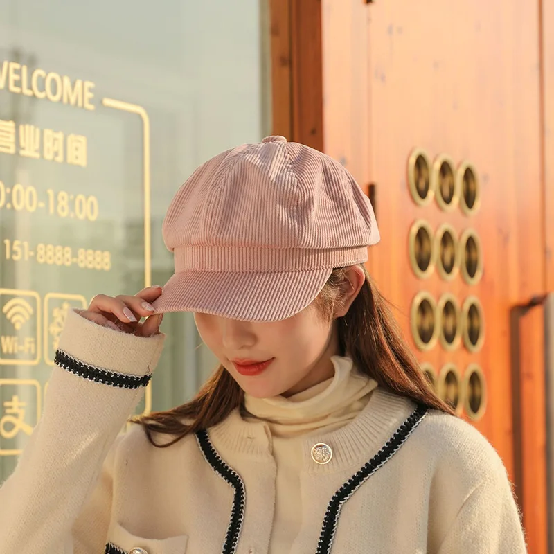 2022 Women\'s Caps For Four Seasons Fashion Artist Corduroy Ladies Beret Octagon Hat Casual Dome Nude Hood Feminino Boina S61