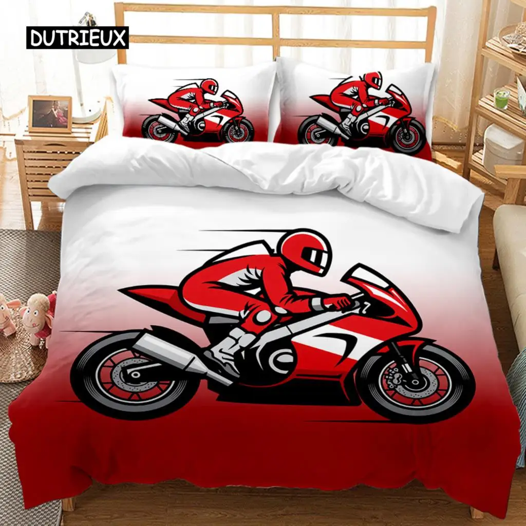 

Motorcycle Duvet Cover Set King Size Red and Black Dirt Bike Bedding Set Microfiber Boy Extreme Sports Theme Comforter Cover Set