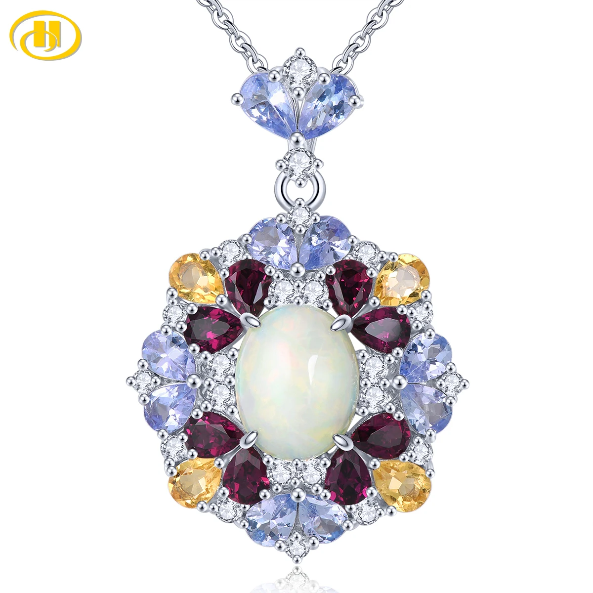 

Natural Opal Rhodolite Garnet Citrine Tanzanite Solid Sterling Silver Pendant 5.8 Carats Gorgerous Luxury Fine Jewelry Design