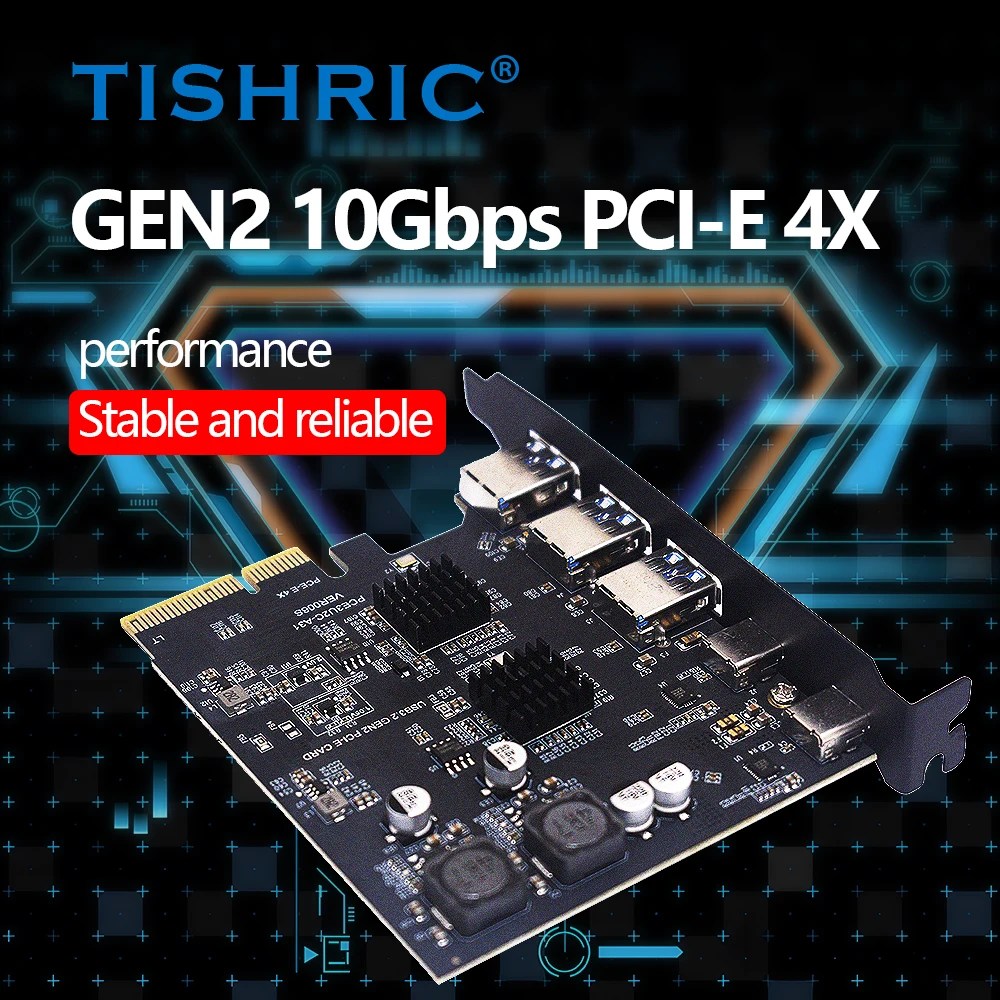 

Плата расширения TISHRIC PCIE 4X на Type-C * 2 USB * 3, плата-адаптер с полной скоростью USB32 GEN2 10 Гбит/с, чип AMS3142 только для ПК с Windows