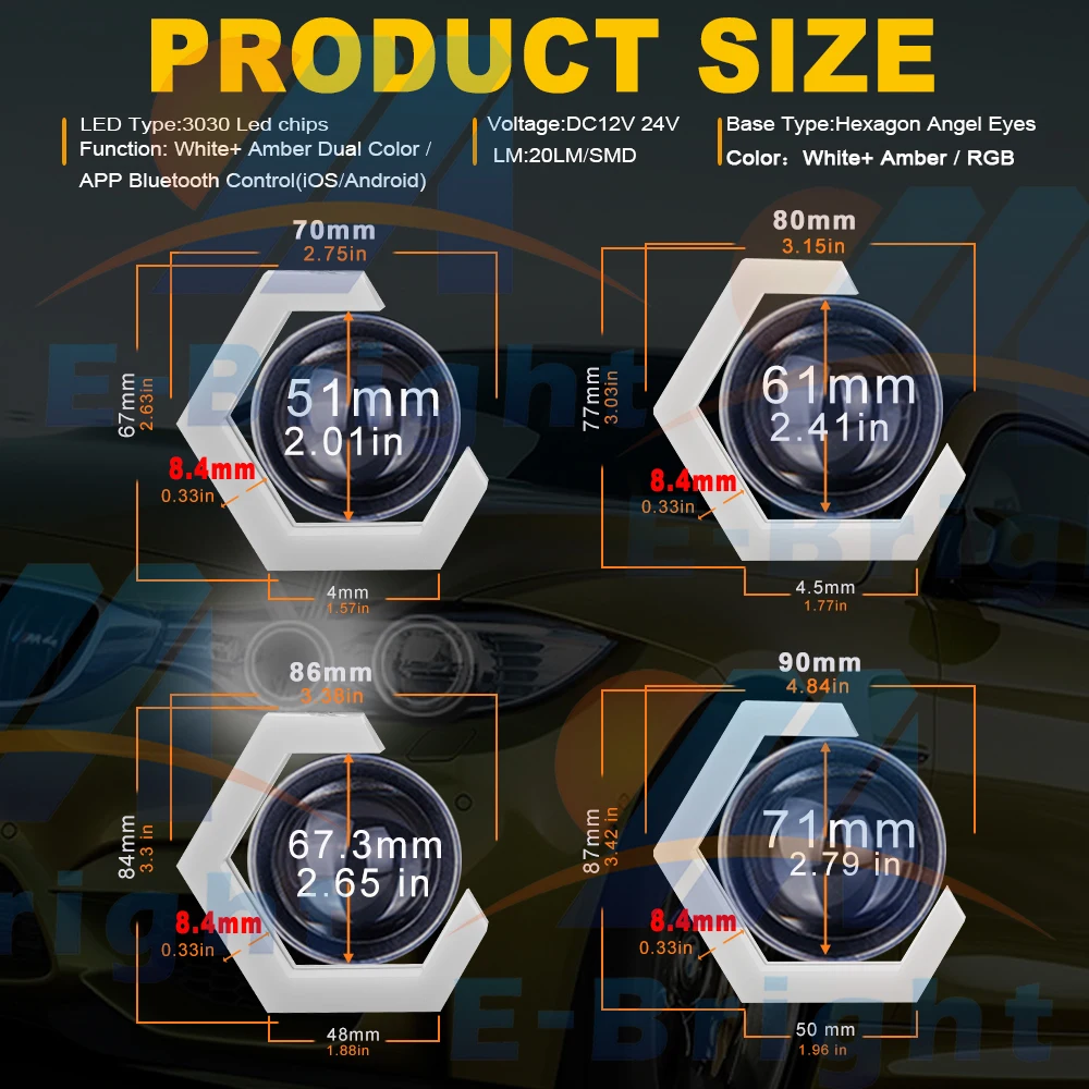 RGB 육각형 엔젤 아이즈 헤일로 링 개조 헤드라이트, 자동차 오토바이 스위치백, 흰색 DRL + 호박색 방향 지시등, 1 세트, 12V, 24V