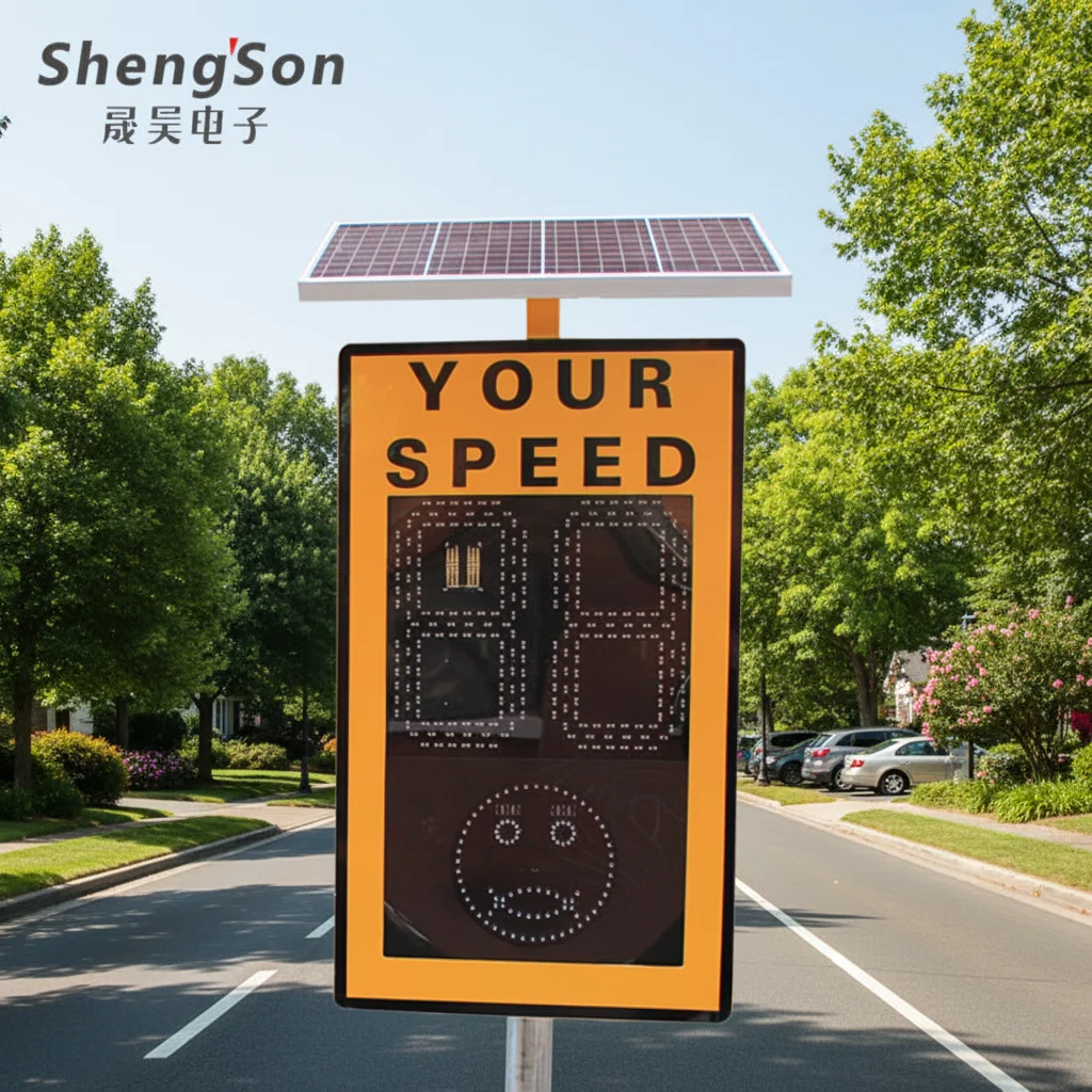 Solar Radar Speedometer with LED Traffic Sign and for Face Display Shows Red and Crying Face When Overspeeding