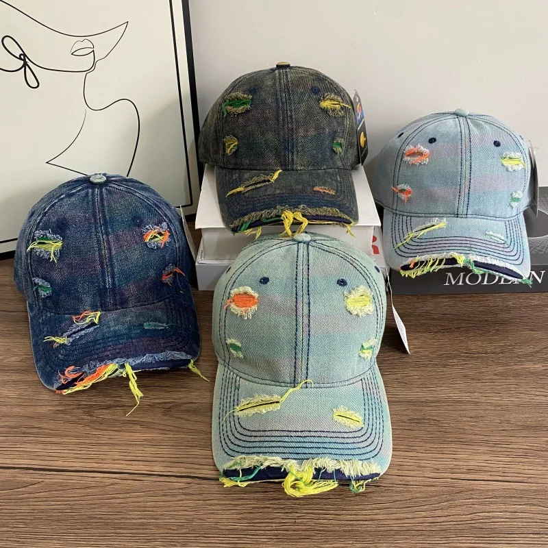 Retro Washed Denim Baseball Cap Multi Color Ripped Holes Frayed Brim Destroyed Soft Dad Hat for Men Women Y2K