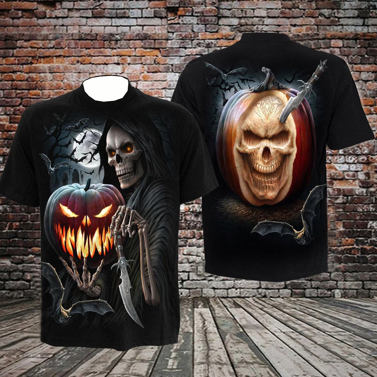Men Women Halloween T‑Shirt Skull Pumpkin Bat 3D Print Oversized Short Sleeve Casual Tee