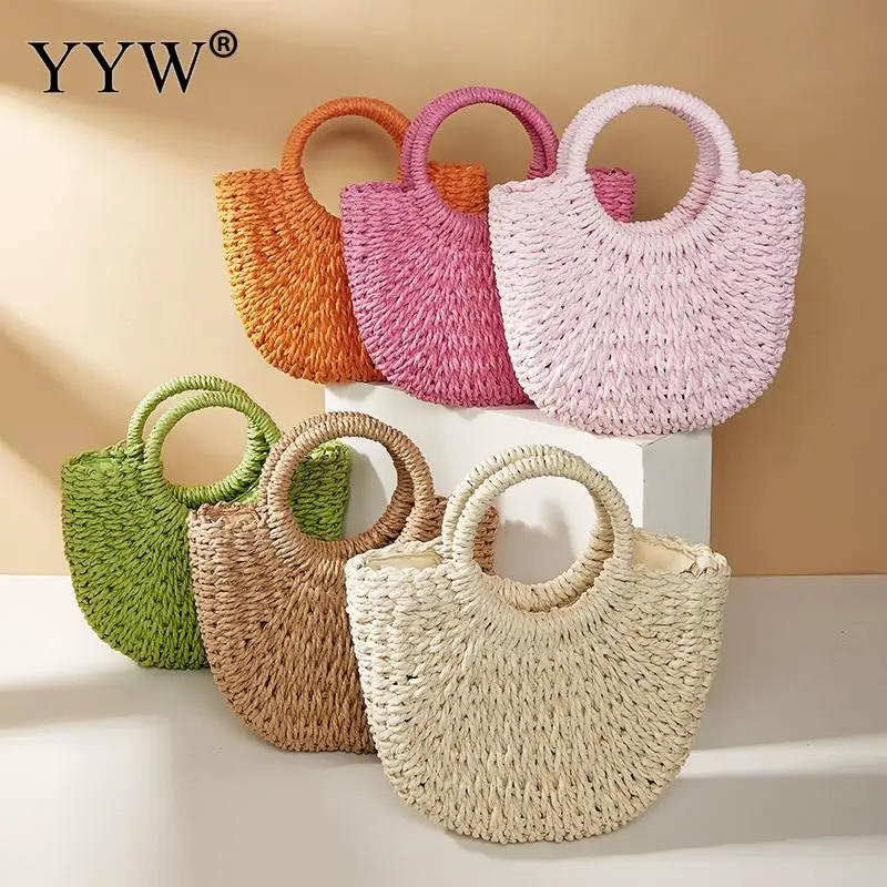 Women Paper Rope Beach Handbag Casual Lady Woven Tote Bag Moon Shaped Top Handle Straw Bags Crossbody Shoulder Purse bolsa femme