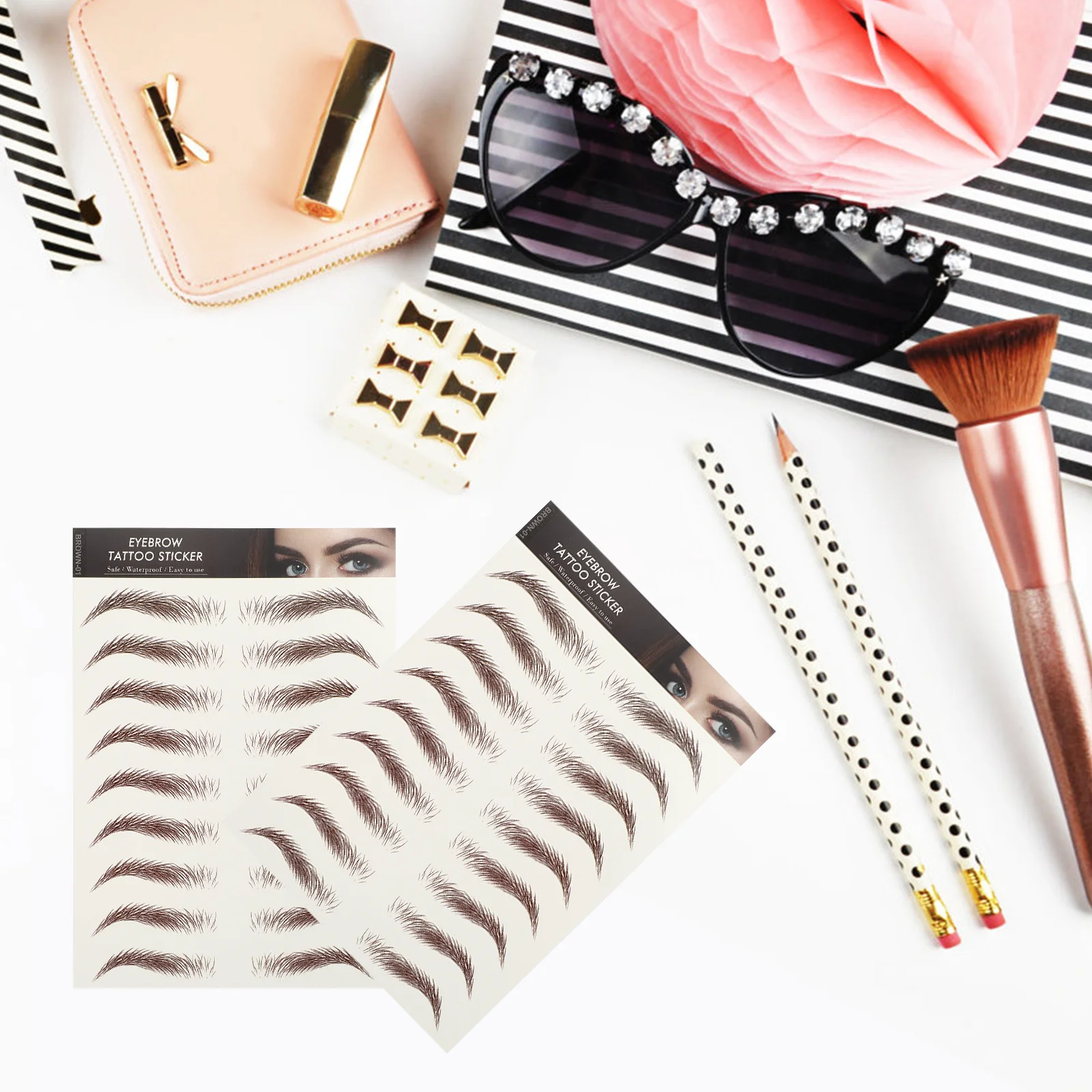 Autocollants imperméables pour sourcils, 9 feuilles, lignes d'ongles, pochoirs d'imitation, faux maquillage artificiel