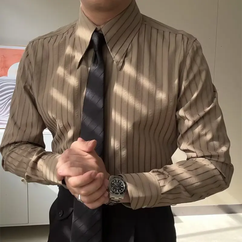 British-style Striped Shirt for Men Long Sleeve Slim Fit Casual Shirts High Quality Versatile Office Social Uniform Formal Shirt