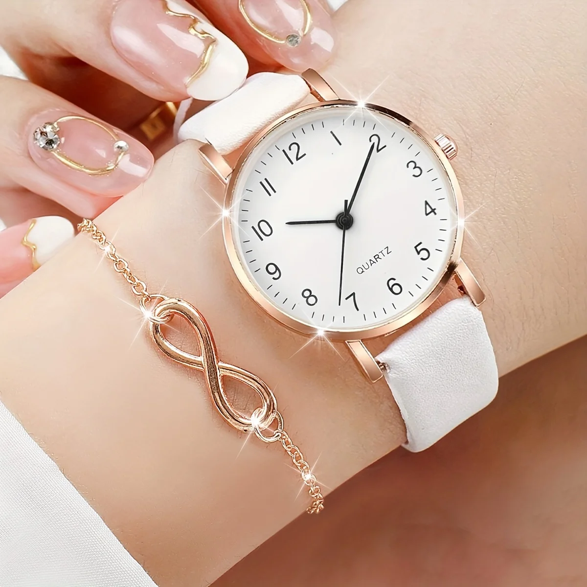 3PCS/Set Women\'s Watch Casual Arabic Dial Leather Band Quartz Watches Jewelry Set(Without Box)