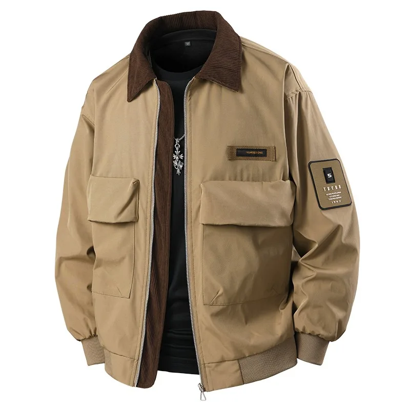 Vintage Workwear Jacket Men Contrast Lapel Multi Cargo Pockets Patch Label Decor Windproof Casual City Outdoor Street Coat
