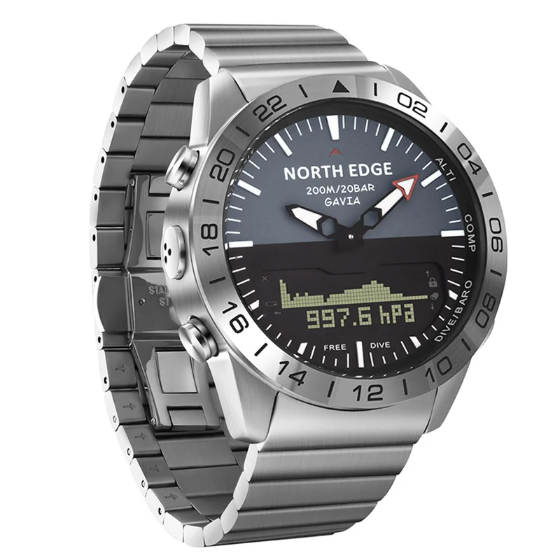 North Edge Mens Digital Watch Diving Watch Waterproof 200M Military Army Luxury Full Steel Business Altimeter Barometer Compass