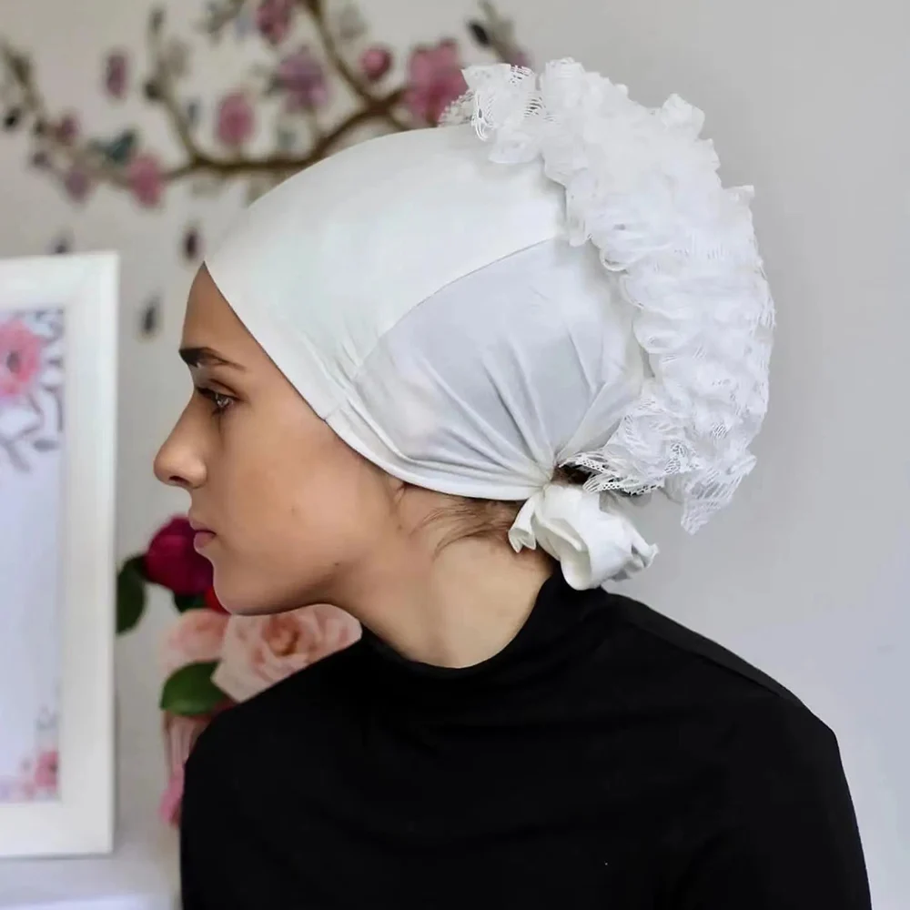 Women's Solid Color Lace Flower Turban Hat Milk Silk Stretch Muslim Hijabs Breathable Beanie Hat Simple Bonnet Tie Head Wrap