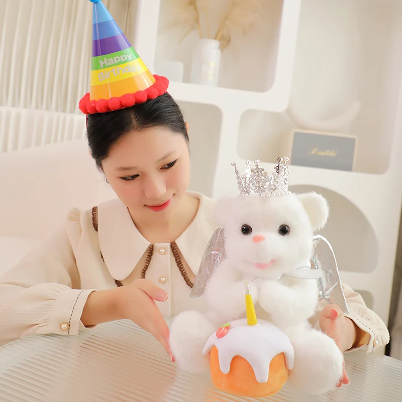 Angels Make Wishes Happy Birthday Bear Plush Toys Cute Stuffed Animal Wing Bears Can Singing Talking Dolls for Kid Birthday Gift