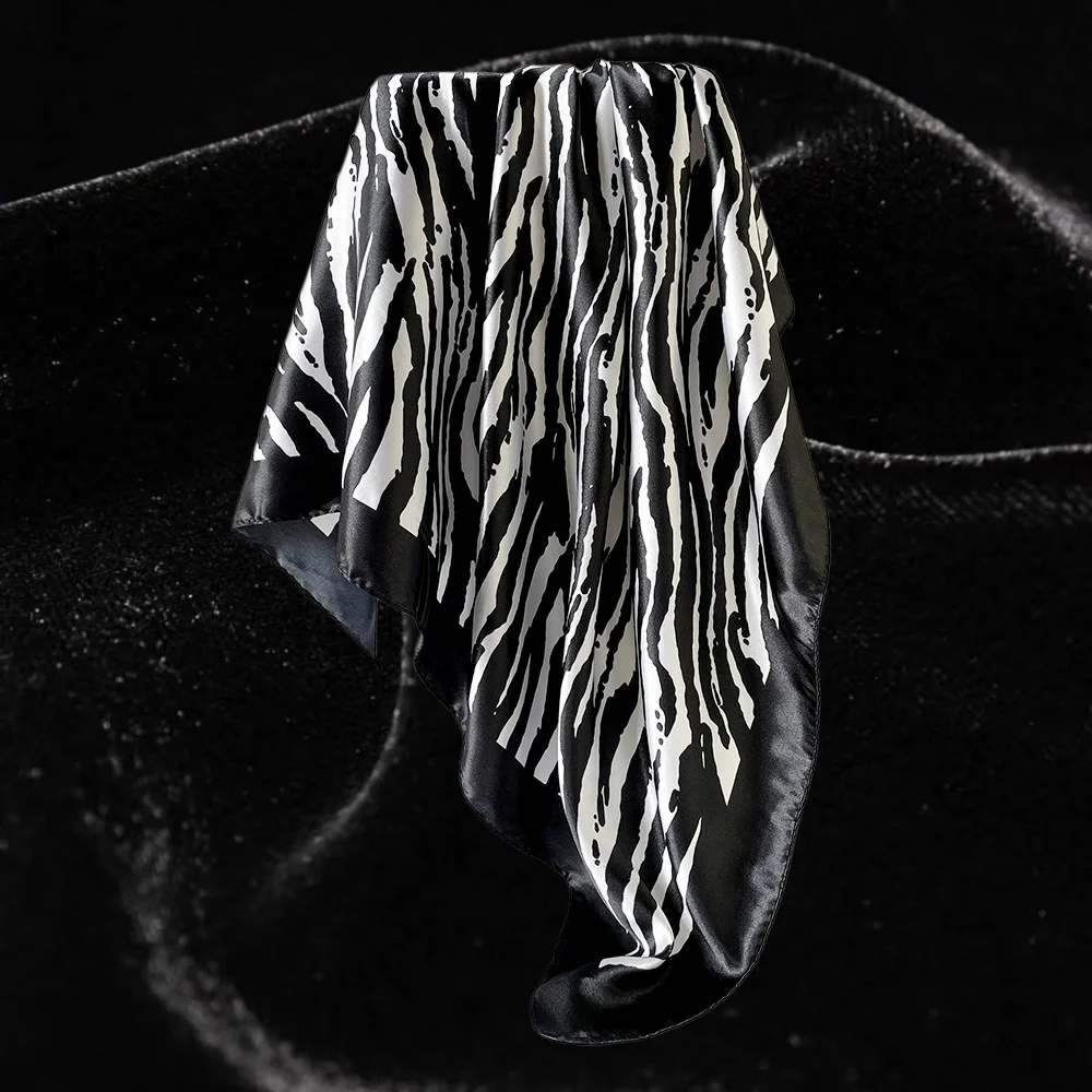 90cm Zebra Print Satin Square Scarf Wild retro headscarf women fashion accessory Black white zebra satin scarf with color border