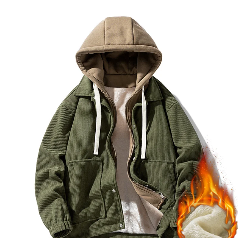 سترة سروال قصير من الصوف السميك للجنسين - سويت شيرت مزيف بغطاء للرأس مكون من قطعتين ملابس خارجية موضة خريف وشتاء #3