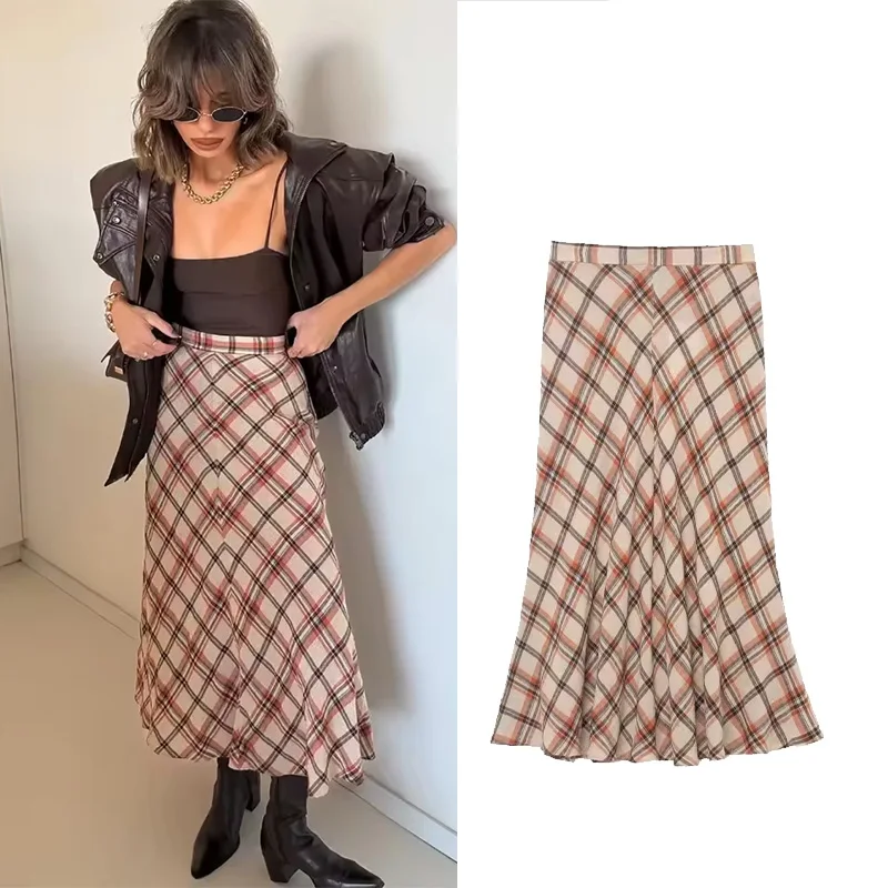 

HipSeam Women Checked Midi Skirt Spring Summer Casual Mid Waist Women's Side Zip Lady Skirts Fashion Female Skirts