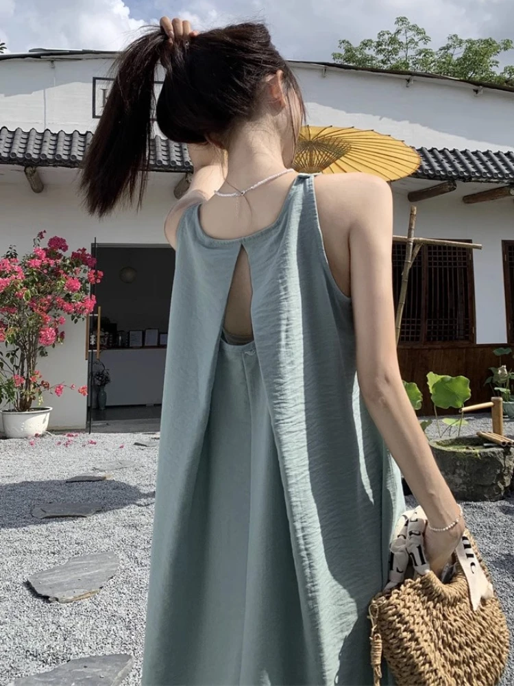 Sleeveless Dresses Women Solid Baggy Summer Beach Korean Style Holiday Minimalist Sweet A-line Stylish Slouchy Mori Girl Daily