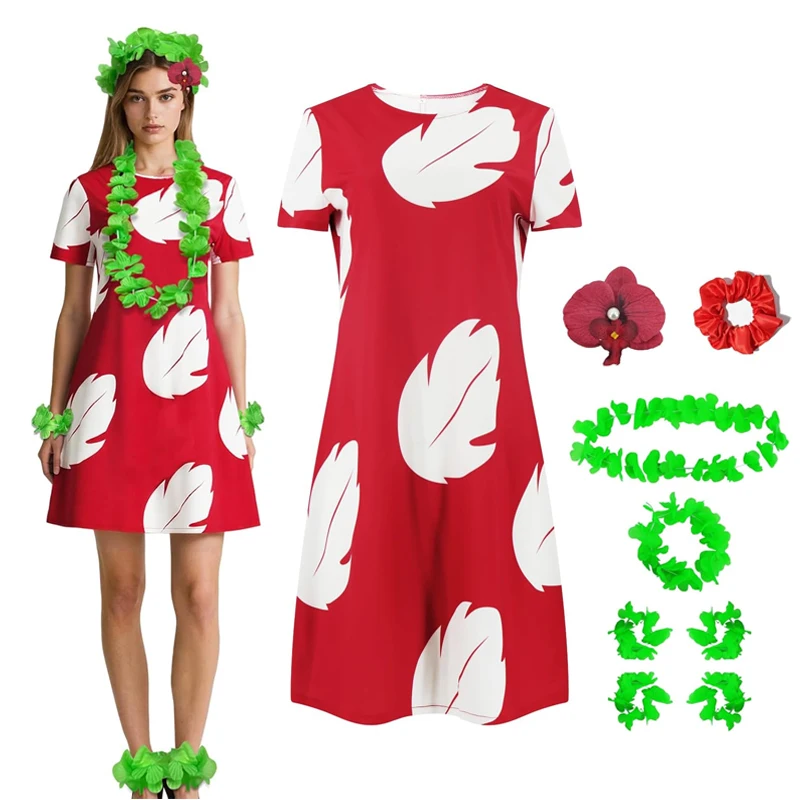 Lilo Cosplay Costume Pelekai Red Lilo Dress with Hawaiian Leaf Flower Leis  Accessories Flower Hair Clip Halloween Party Cosplay - AliExpress 200000532