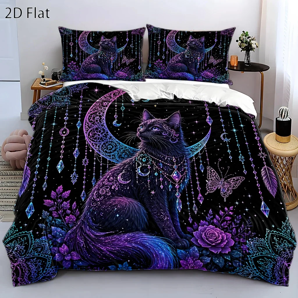 3Pc Mysterious Dreamy Star and Moon Black Cat Duvet Cover Set, Three-Piece Bedding Set (1*Duvet Cover + 2*Pillowcases), Suitable for All Seasons, Machine Washable, Invisible Zipper Double Bed Cover, Suitable for Home, Dormitory, Master Bedroom, Guest Room, Bohemian Floral Decoration, Starry Sky Magic Cat Bedding, Large Duvet Cover Set, Popular Ins-Style Bedding
