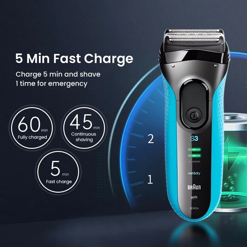 Braun S3 3040s Electric Shaver Men's Shaver Triple Blade Rechargeable Reciprocating Wet & Dry Double Shave New 3 Series 3040s