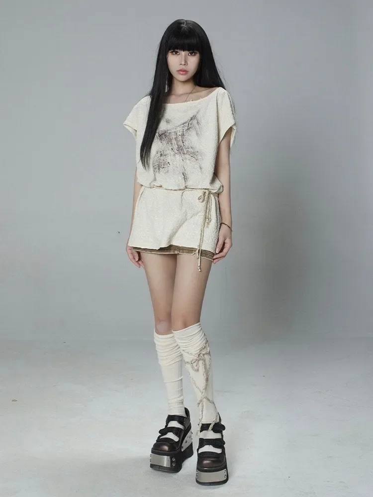 2025Y2k Esthetische Vintage Abrikoos Afdrukken Tees Zomer Streetwear Skew Kraag T-shirts Vrouwen Harajuku Grunge Bandage Losse Tops