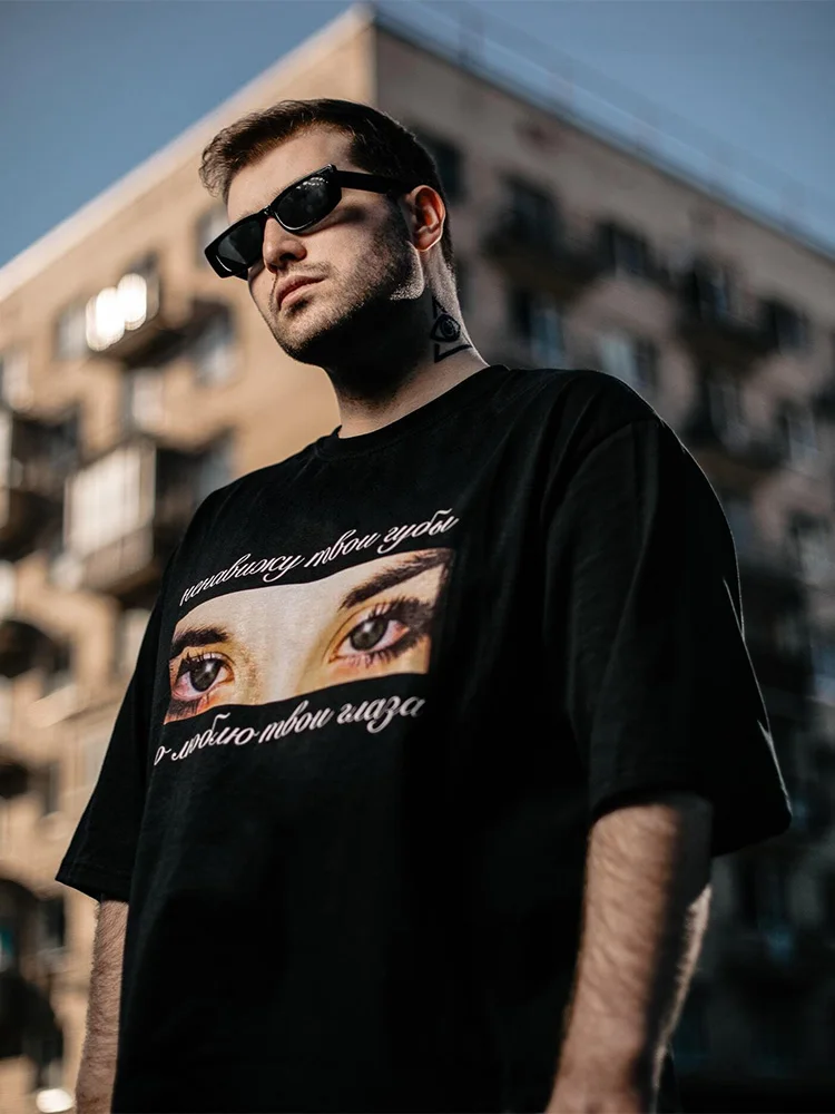 Men's T-Shirt Graphic Eye Cotton Tops Oversized Print Summer Tees Korean Fashion Short Sleeves Vintage Y2k Streetwear Clothing