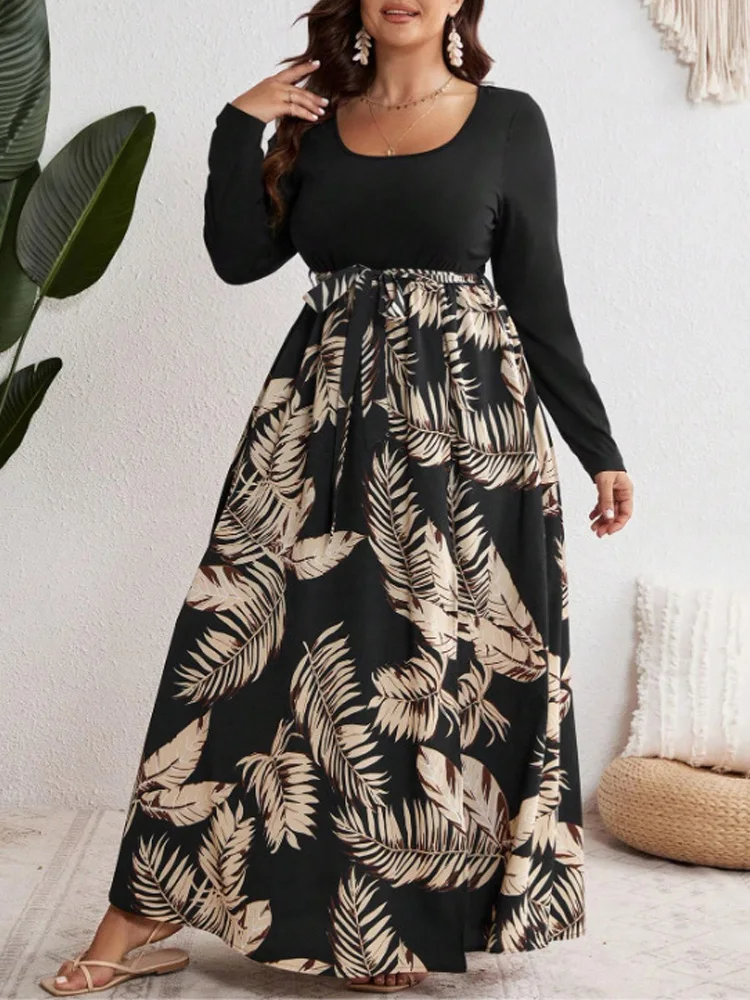 GIBSIE Plus Size Scoop Neck Long Sleeve Belted Dress Women Spring Fall Casual Vacation Tropical Print Split Big Swing Maxi Dress