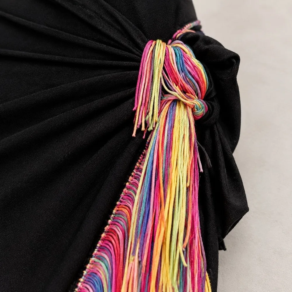 Irregular Hem Latin Dance Skirt Fringed Texture Square Strap Fringed Dance Skirt Colored Fringe Tie-On Closure Hip Scarf Wrap