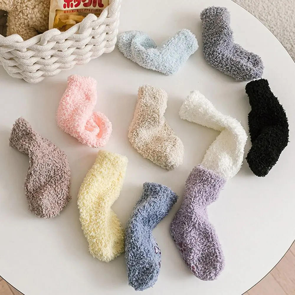 Solid Color Coral Fleece Baby Socks Korean Style Cat Paw Infant Learning Walk Socks Dispense Autumn&Winter Home Sleep Socks