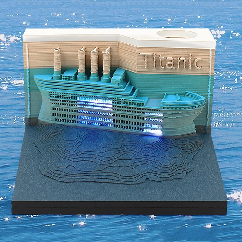 3D Ocean Liner Desk Calendar com Luzes LED, Memo Pad Criativo, Notas DIY, Notepad, Papel de Arte, 2025