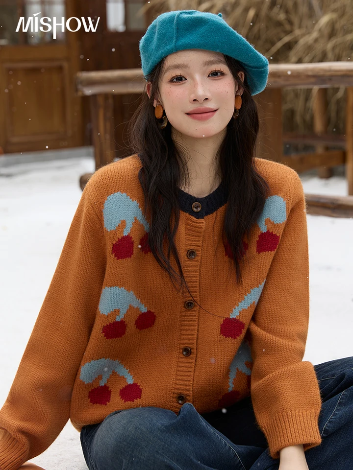 MISHOW Cherry Jacquard Knitted Cardigan for Women 2025 Winter