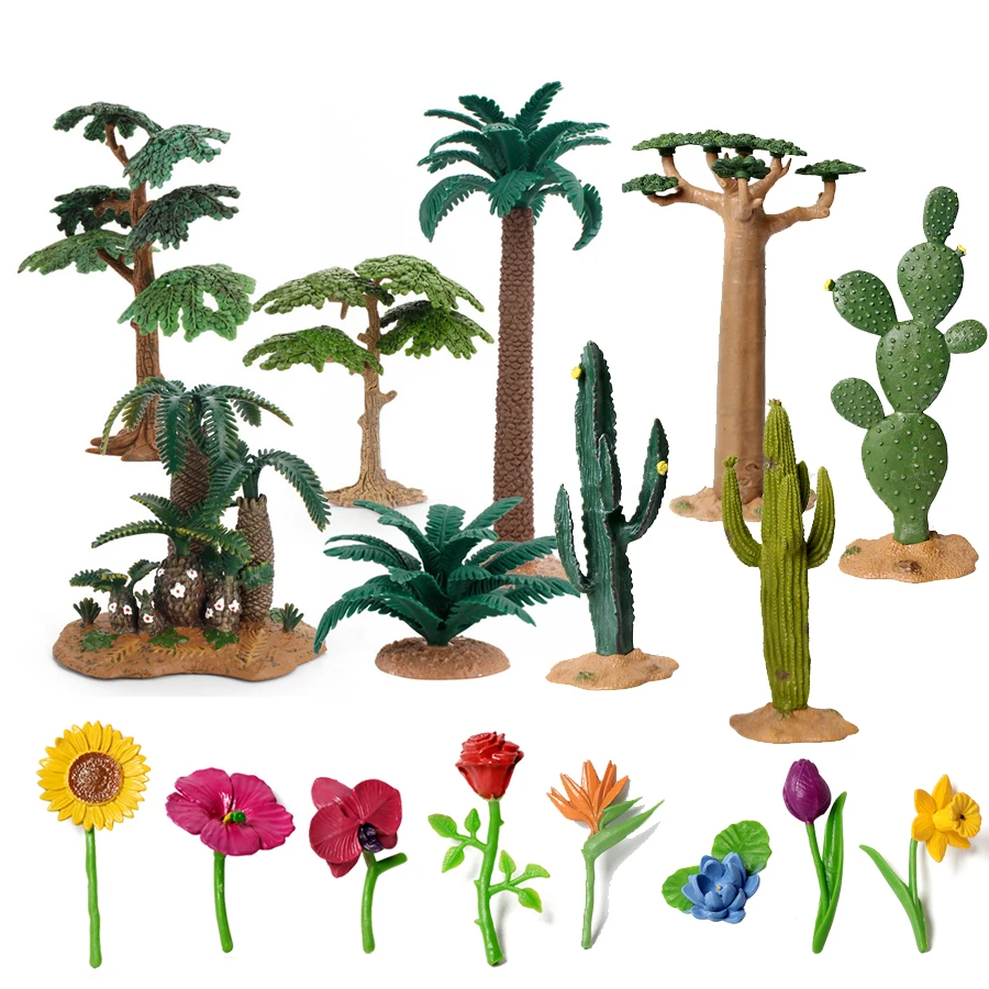 Realistic Fresh bouquet Flowers Green Wild Plant Scene Baobab Tree,Cactus Model Figures Scenery Cognitive Figurines Toys for kid