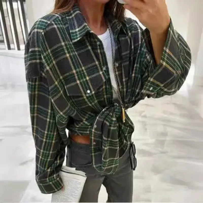 Vintage Plaid Shirt Women Autumn Long Sleeve Loose Fit Blouse Casual Tops with Pocket Retro Style Versatile Lapel Y2K Streetwear