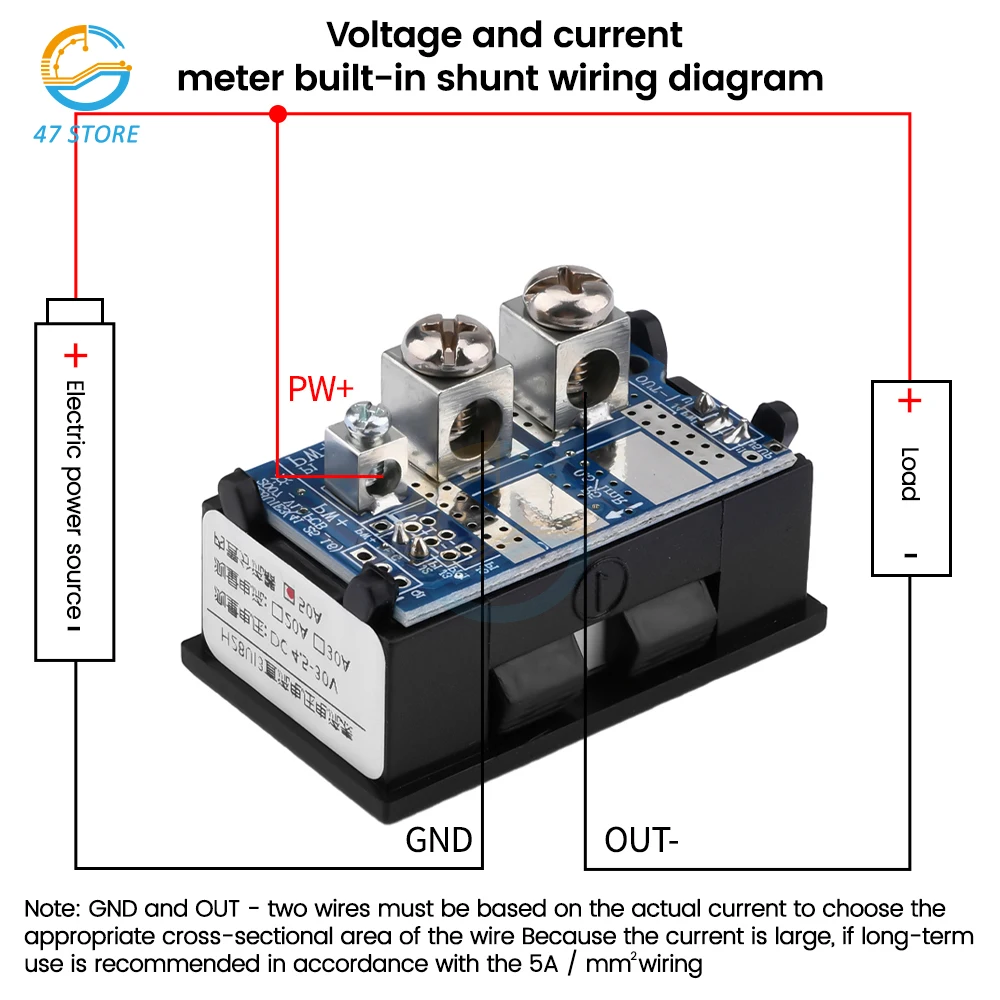 Imagem -04 - Voltímetro Digital com Display Led Duplo Amperímetro Derivação Embutida com Aparador Medidor de Tensão 028 dc 4.530v 30a 50a Azul de Dígitos e Vermelho