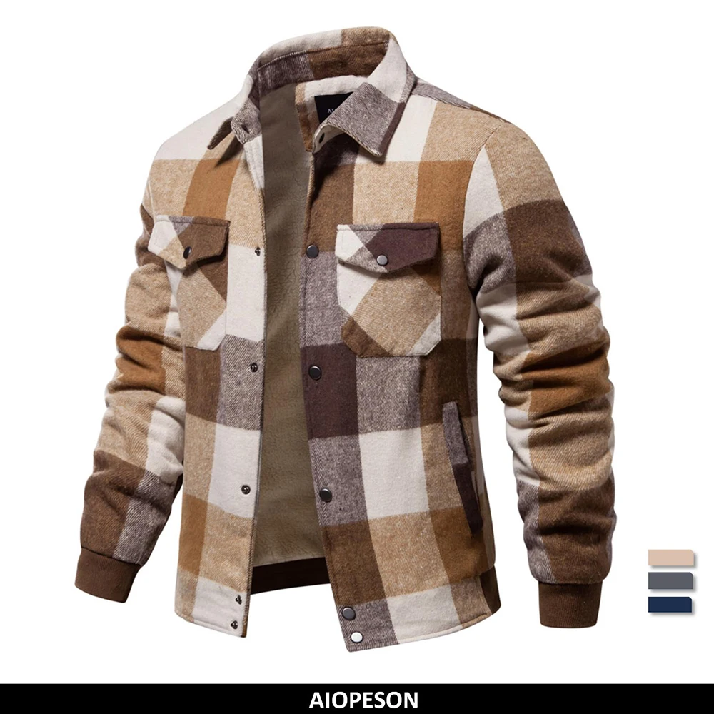 AIOPESON Mens Flannel Plaid Sherpa Fleece Lined Winter Jacket Turn Down Collar Thicken Warm Casual Shirt Jackets Coats Men