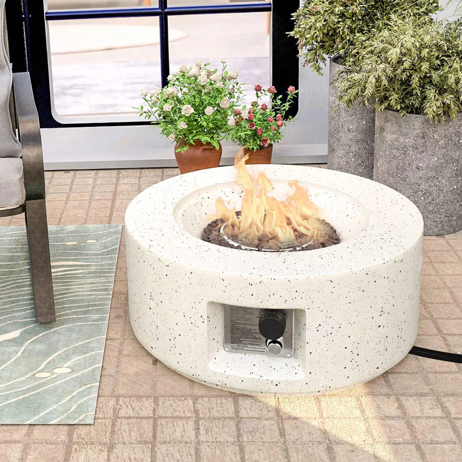 

HOMPUS Outdoor Propane Fire Pit, 40,000 BTU 28-inch Round White Terrazzo Concrete Fire Table Gas Fire Pit w Lava Rocks