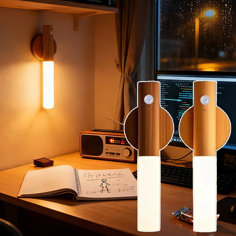 

Ночник с датчиком движения, магнитный, под дерево, USB-перезаряжаемый светодиодный светильник для дома, шкафа, коридора, лестницы