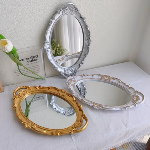 European Style Light Luxury Retro Cross-border Plastic Mirror Gold Tray Decoration Cake Tray Cosmetics Desktop Storage Tray