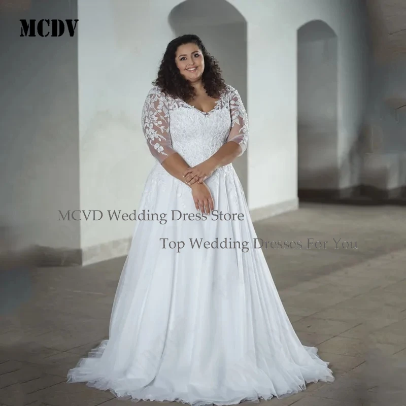 

MCDV Oversize A Line Wedding Dress 3 4 Sleeves V Neck Lace Up Plus Size Applique Custom Made for Bride Gown