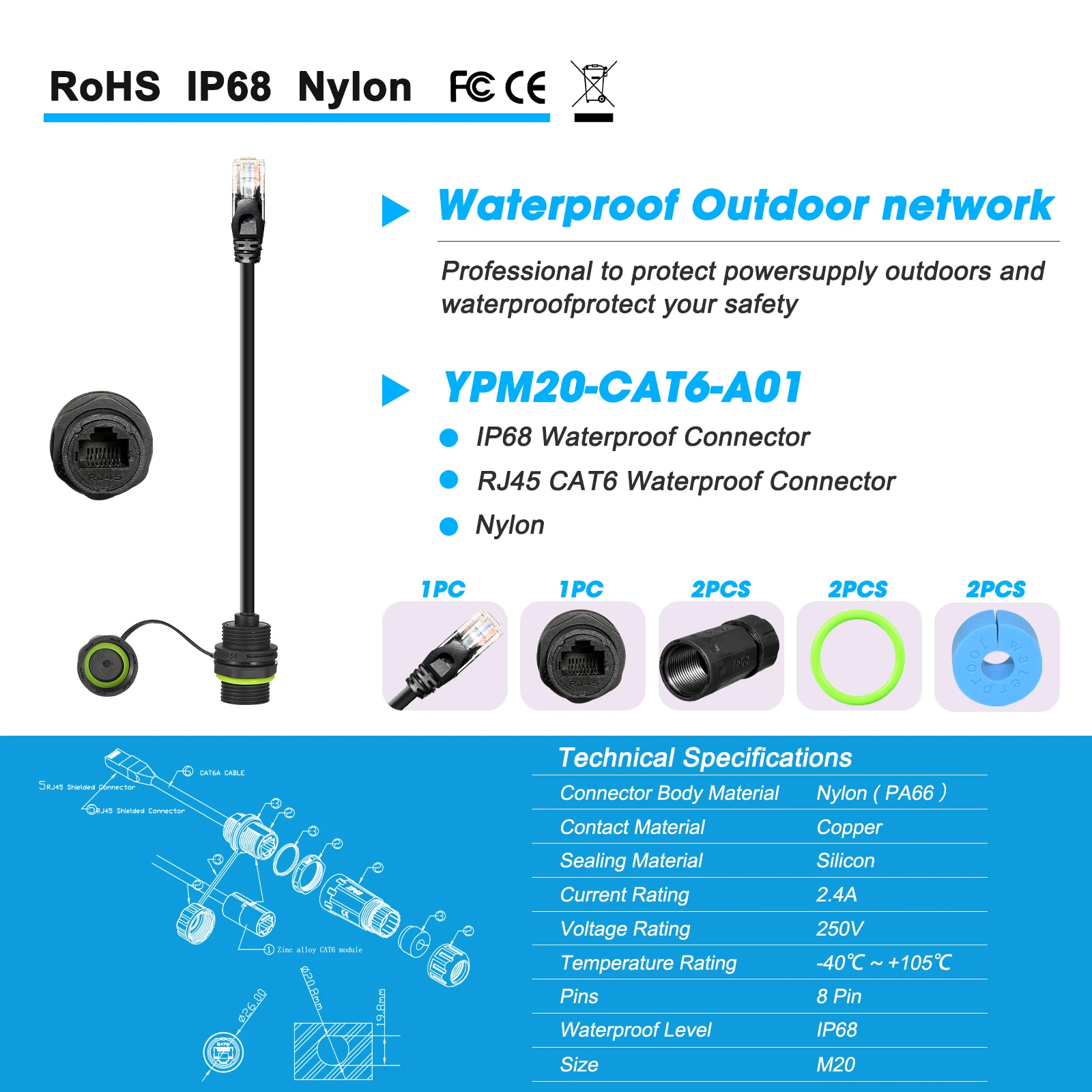 YXY 2024 New rj45 panel mount Connector RJ45 CAT6A Ethernet Jack Waterproof connector With network cable 250mm