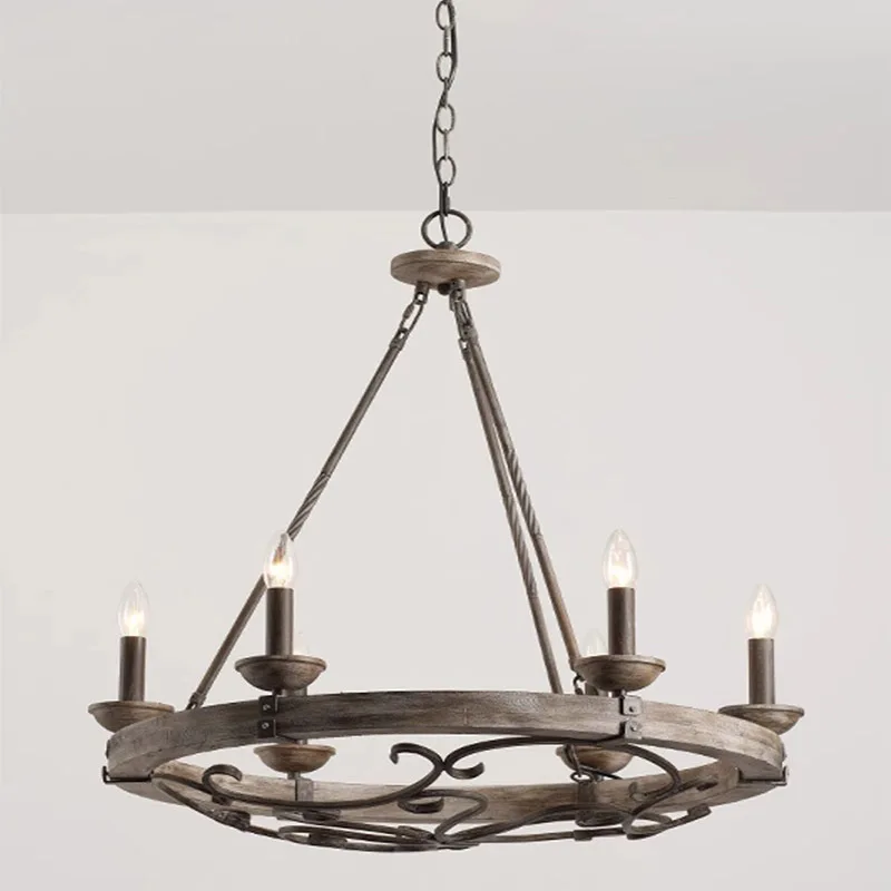 โคมไฟระย้าล้อไม้สไตล์อเมริกันย้อนยุคอุตสาหกรรม ห้องนั่งเล่น ไฟห้องรับประทานอาหาร ไฟห้องนอน ไฟวิลล่า