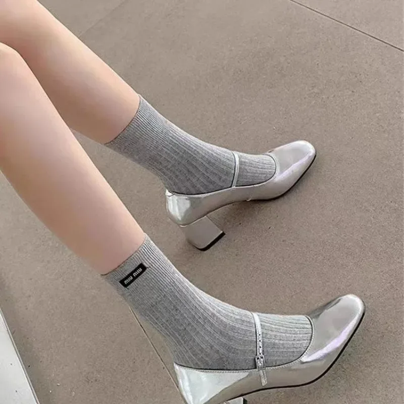 

Silver Sexy Women's Chunky Heel Shoes Fashion Summer Outdoor Banquet High Heels Round Toe Mary Jane Shoes High Heels