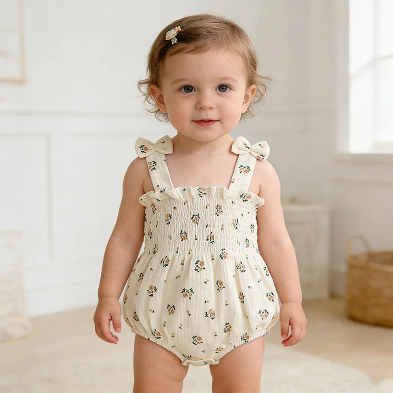 

Летний комбинезон-ромпер для девочек с цветочным принтом, без рукавов, для праздников, ползунки для малышей