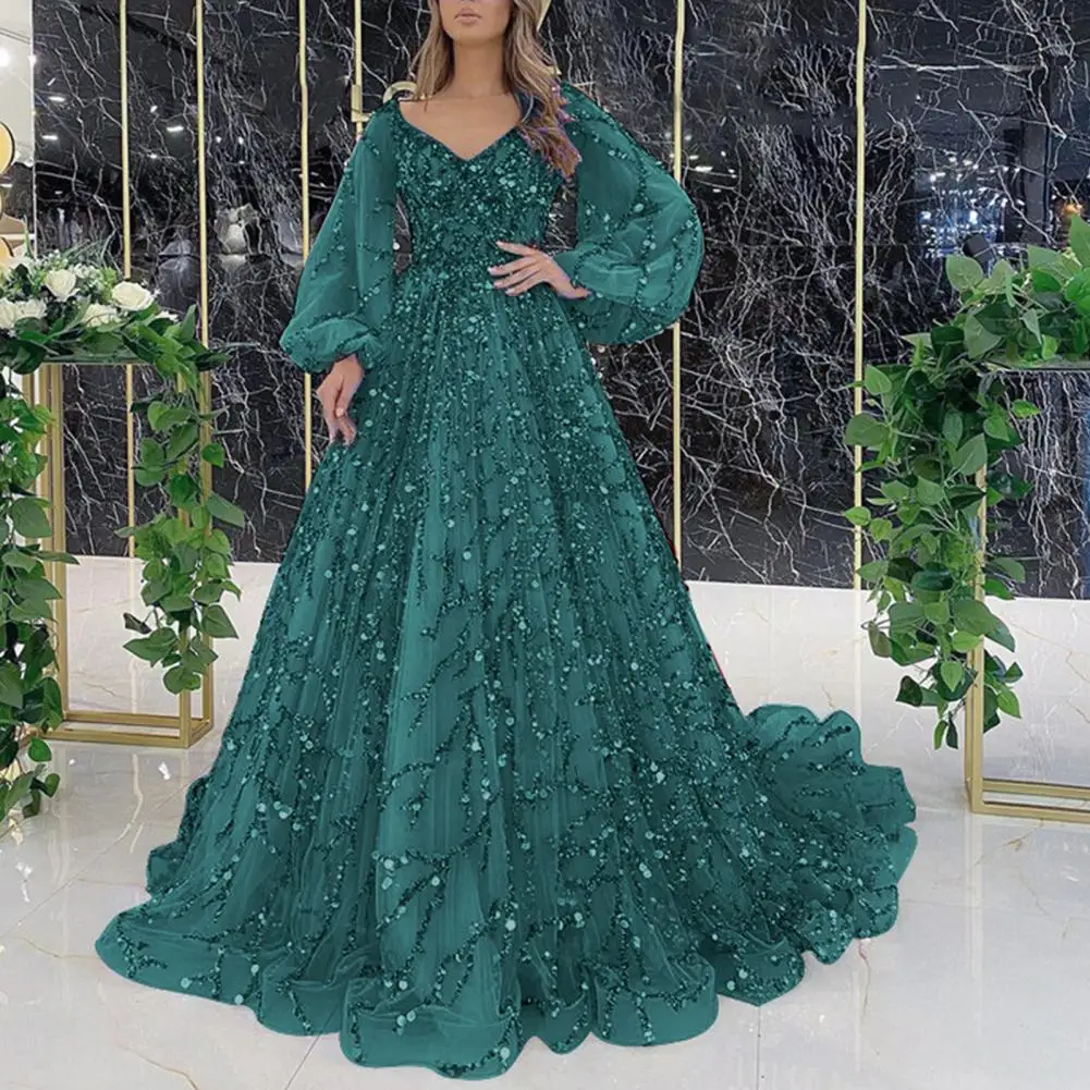 Women Evening Dress V Neck Lantern Sleeve Shiny Sequin Beading Padded A-line Floor Length Mesh Double-layered Cocktail Party Dre